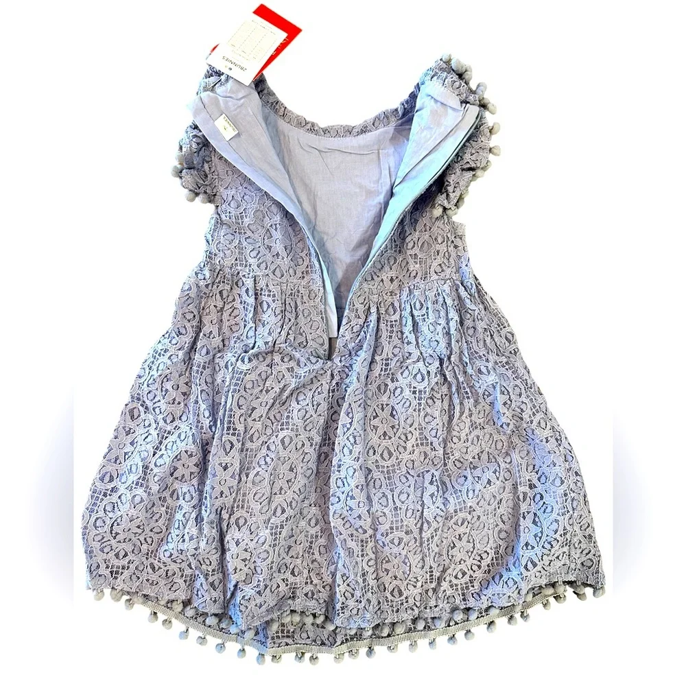 NWT 2 Bunnies Little Girls Sky Blue Sunflower Lace Pom Pom Ruffle Dress Size 5